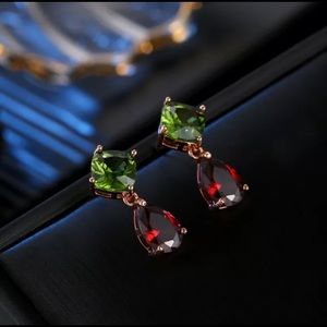 Elegant Green Peridot Red Garnet Rose earrings